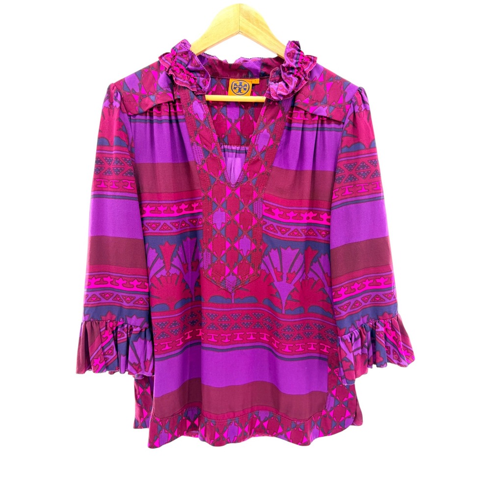 Tory Burch Purple Silk Ruffle Tunic Blouse Geometric Print 3/4 Sleeve Size 8